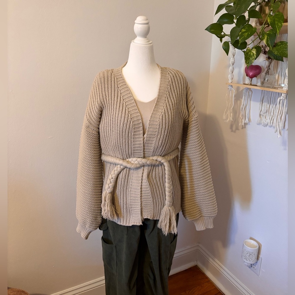 Who What Wear Beige Braided-Belt Knit Cardigan